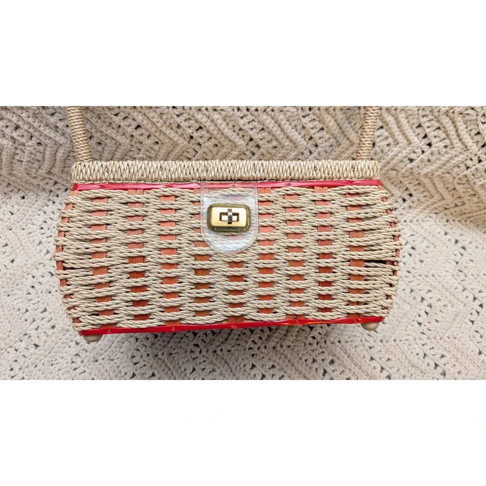 Vintage Wicker Sewing Basket Fun Retro Heart Print Padded Lid Craft Storage